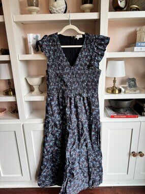 Sea New York Floral Smocked Midi Dress Ruffle Cap Sz 12